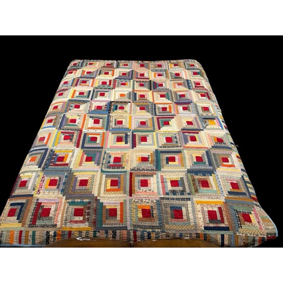 Handmade Other - Antique Log Cabin Quilt Reversible Twin/full Blue Trim Floral Back 81” X 64”